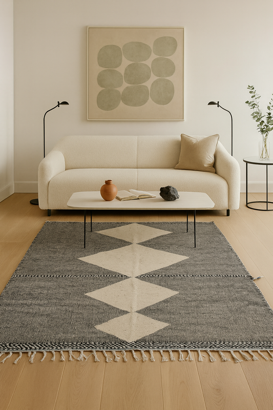 Architectural Silence – Zanafi Joha Kilim in Ash and Chalk Geometry