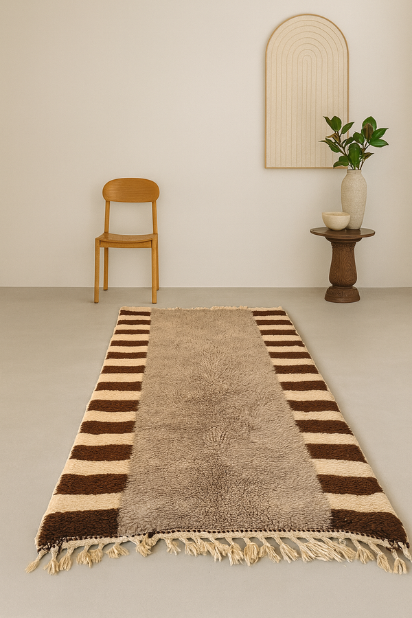 Beni Mrirt Striped Guard Runner — Umber & Ecru with Heathered Grey Field