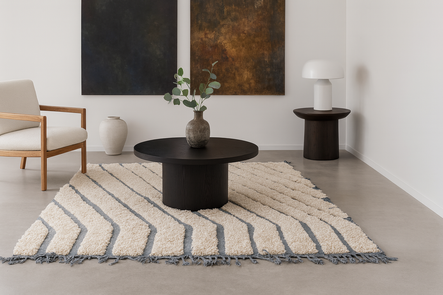 Marmoucha Linear Drift — Ivory Wool with Slate Stripes