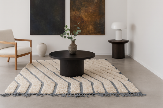 Marmoucha Linear Drift — Ivory Wool with Slate Stripes