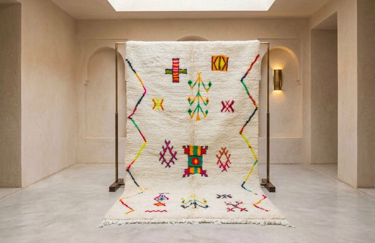 Azilal Symbolic Constellation — Ivory Wool with Multicolor Amazigh Glyphs