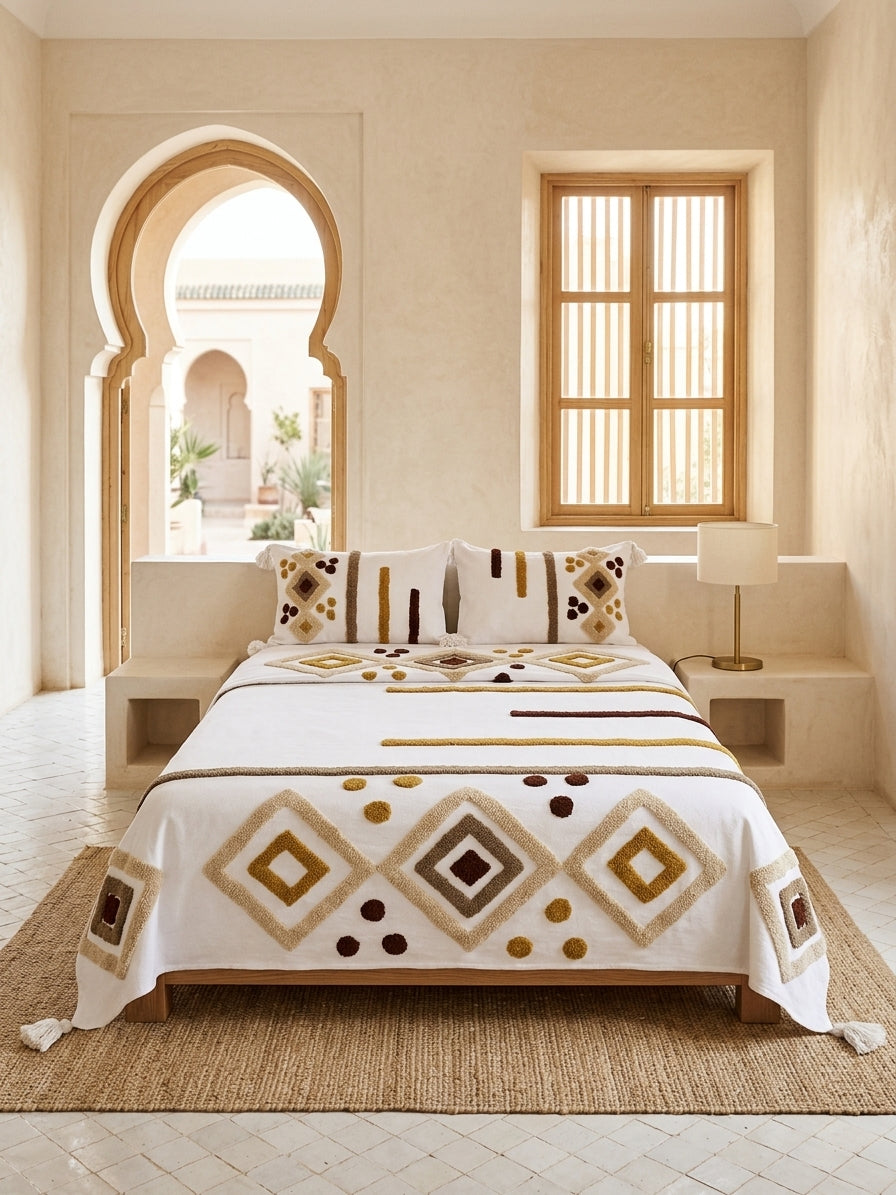 Safi Tufted Bedcover — Lozenge Registers in Ochre and Umber on Ivory