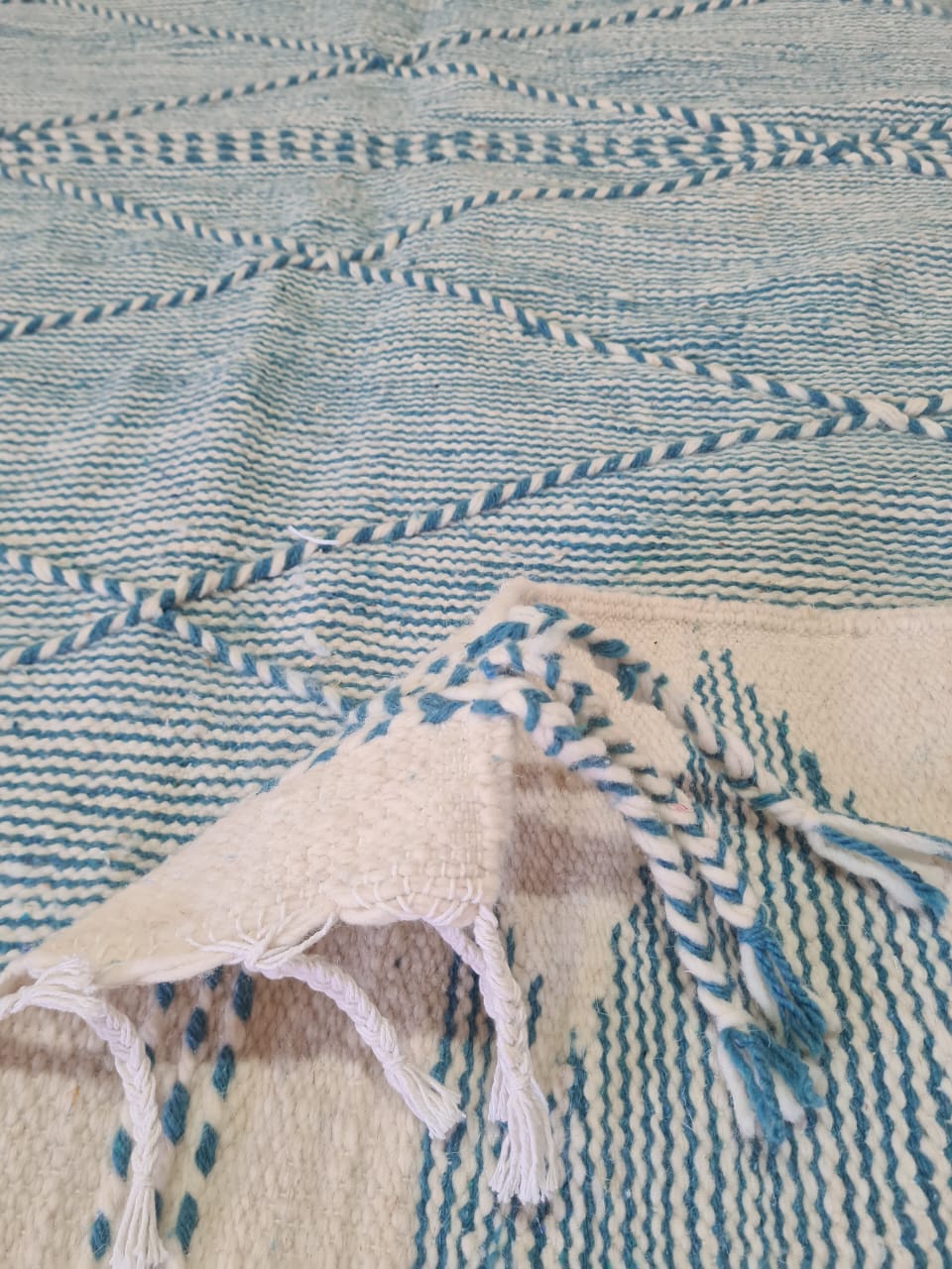 Peaceful Vibes – Pale Blue Zanafi Kilim with Geometric Calm