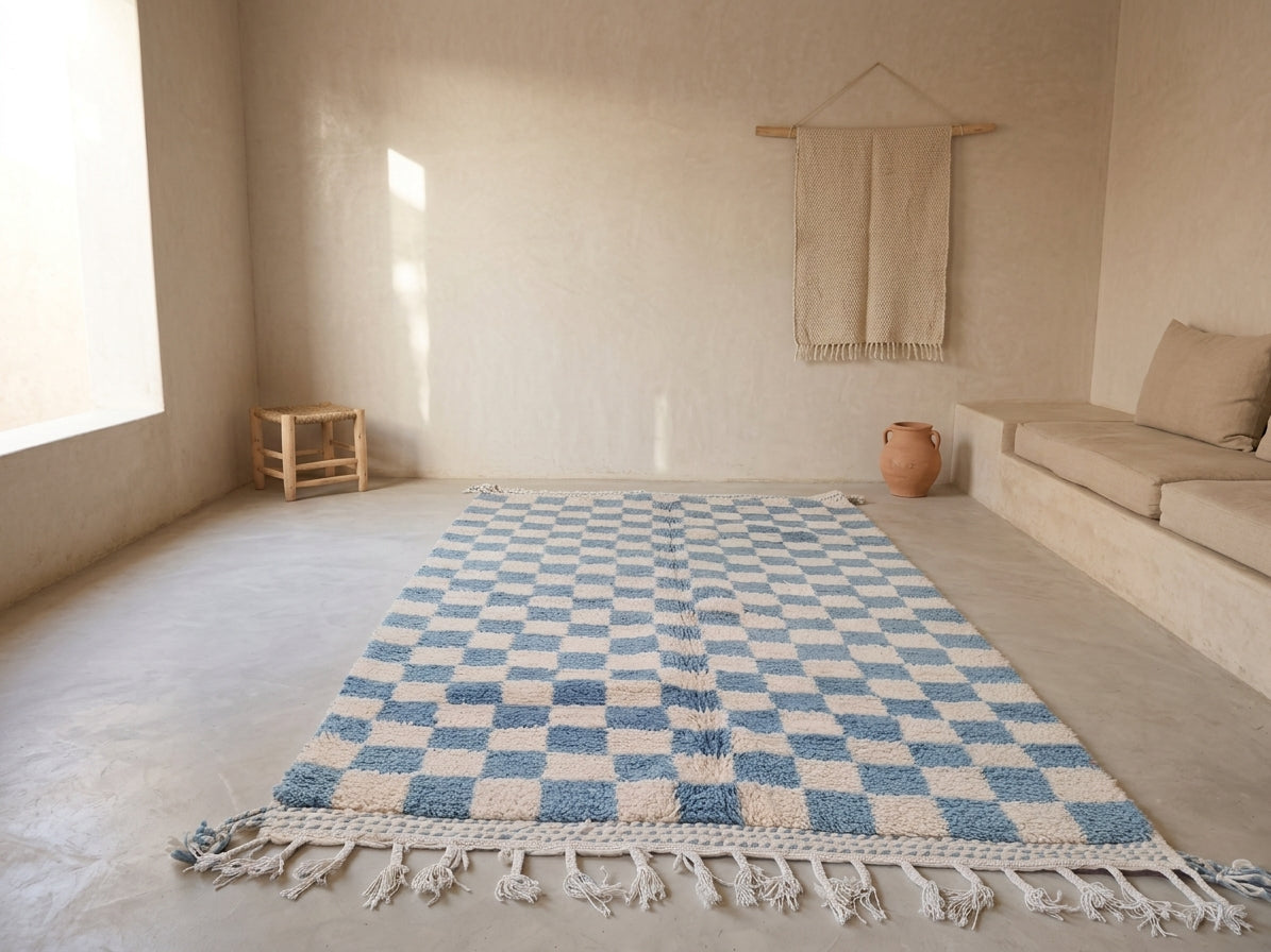 A blue and cream checkered woven rug with fringe tassels, laid out on a concrete floor in a minimalist, warm-toned room with a built-in bench, a small wooden stool, and a hanging textile on the wall.