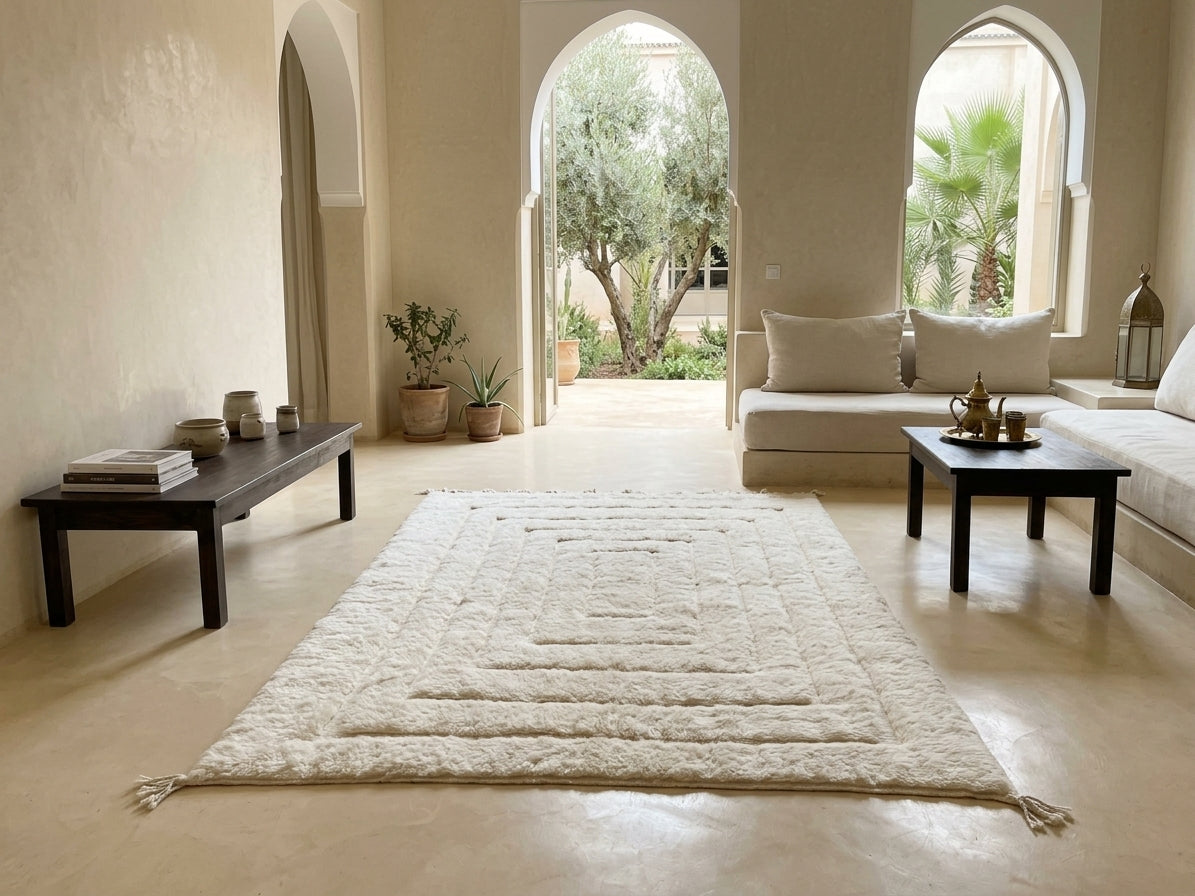 A large off-white textured area rug with fringe tassels, laid out on a polished beige stone floor in a bright, modern Moroccan-style living room with arched doorways and outdoor views.
