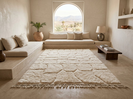 A large cream-colored Moroccan-style shag rug with geometric tufting and fringe, displayed in a modern, minimalist boho living room with a built-in bench, low wooden table, and arched window.