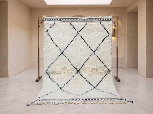Beni Ourain Pile Rug — Ivory Field with Charcoal Lattice