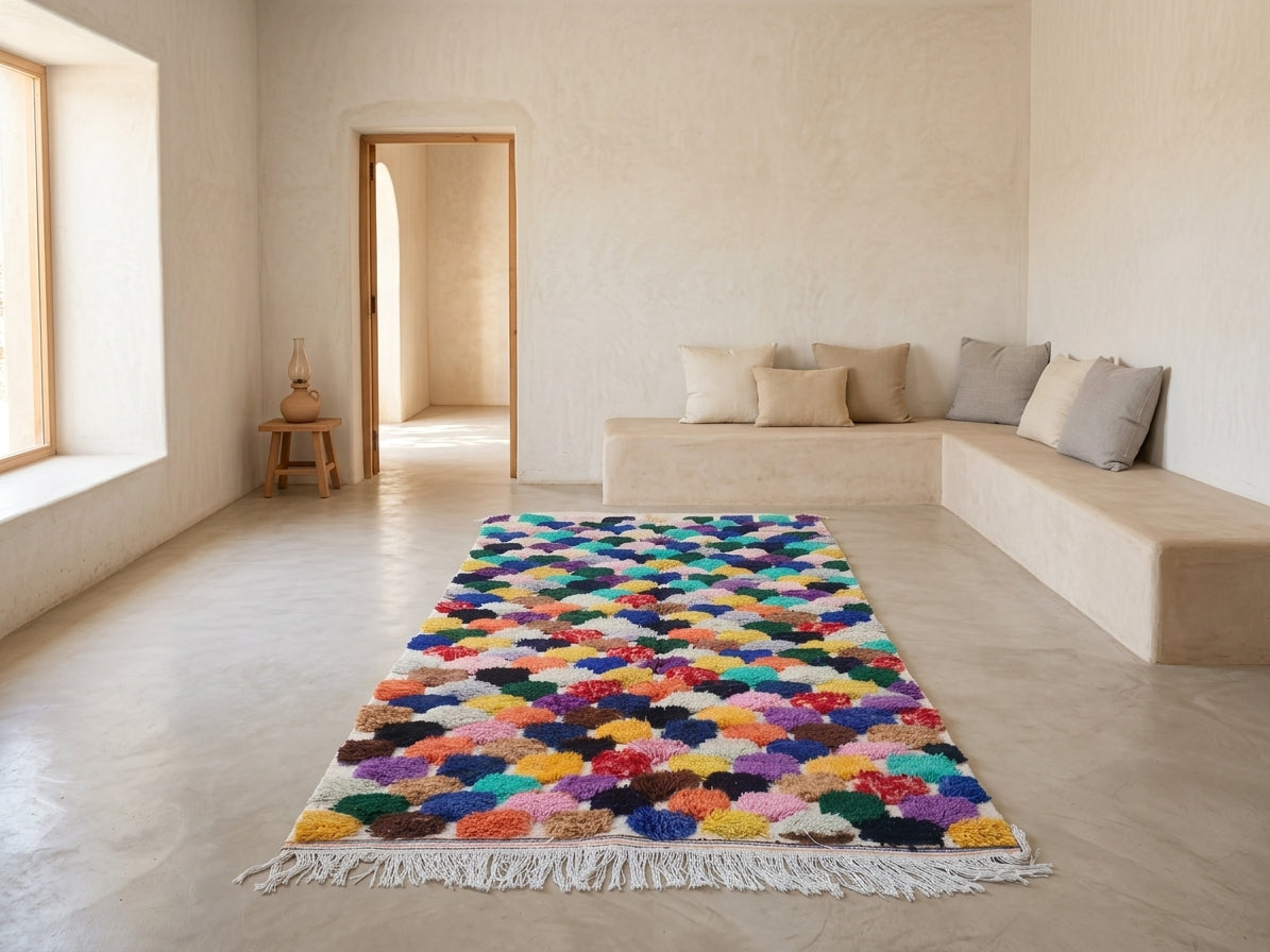 A colorful, high-pile shag area rug with white fringe, displayed on a light concrete floor in a minimalist, warm-toned modern room with a built-in bench and neutral cushions.