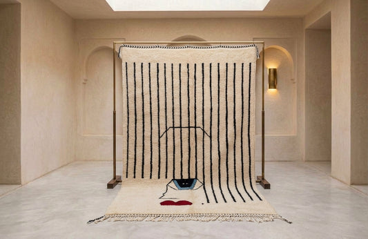 A large vertical black-and-cream striped textile display or rug hanging from a wooden stand in a minimalist beige interior room with arched wall openings and a floor lamp.