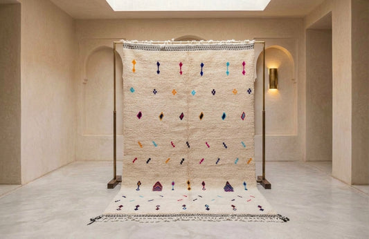 A large cream-colored Moroccan-style rug displayed on a black metal stand in a minimalist beige gallery space. The rug features colorful embroidered geometric patterns and tassels, with a matching rug laid out on the floor in front.
