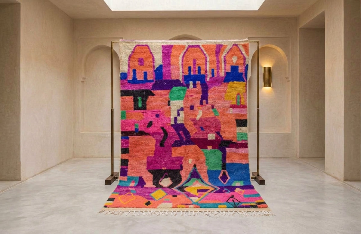 A large colorful woven rug displayed on a metal stand in a minimalist beige gallery space with arched walls and skylights.