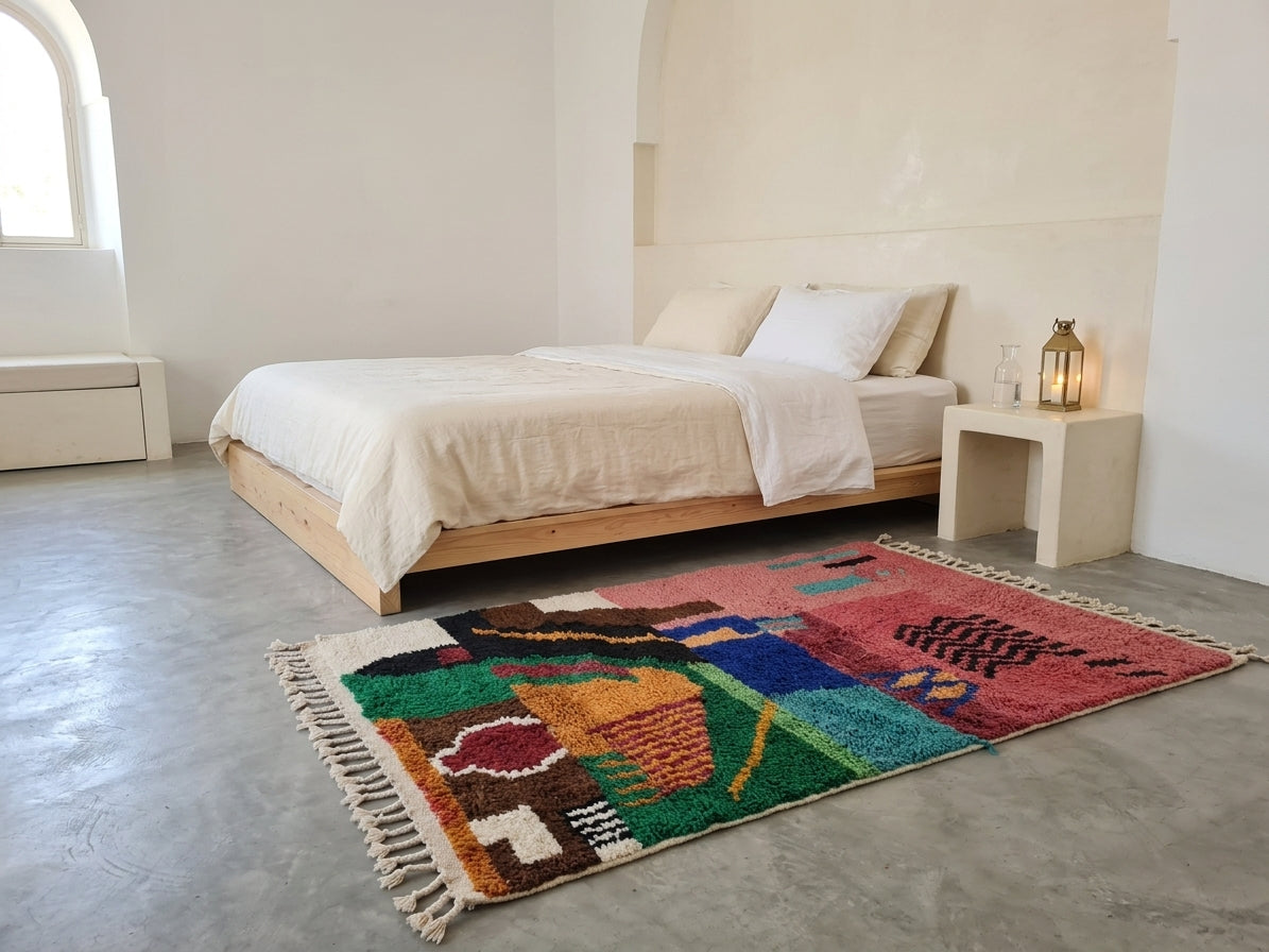 A colorful Moroccan-style woven area rug with geometric patterns and fringe, styled on a concrete floor in a minimalist, sunlit bedroom next to a wooden bed and a small side table.