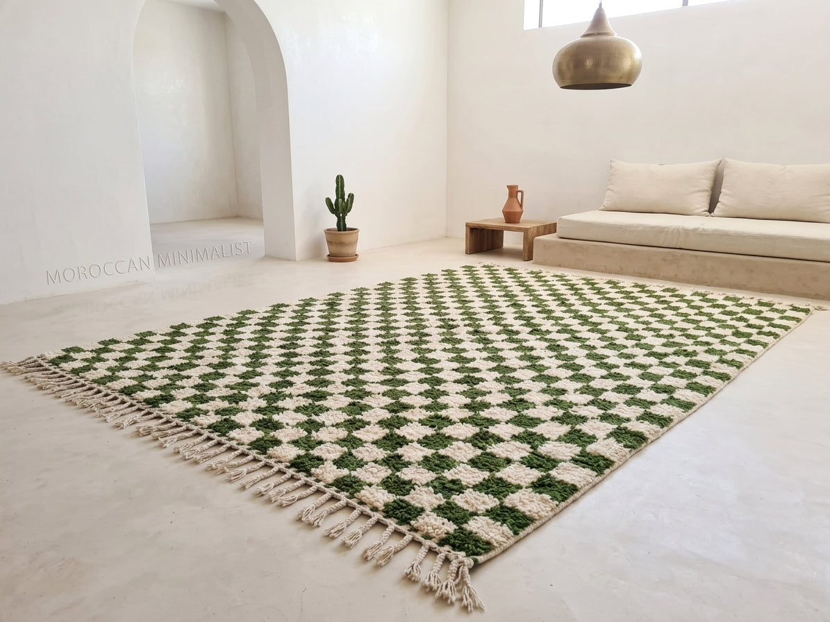 A Moroccan-style woven area rug with a green and cream geometric diamond pattern and tasseled edges, displayed in a bright, modern minimalist living room.
