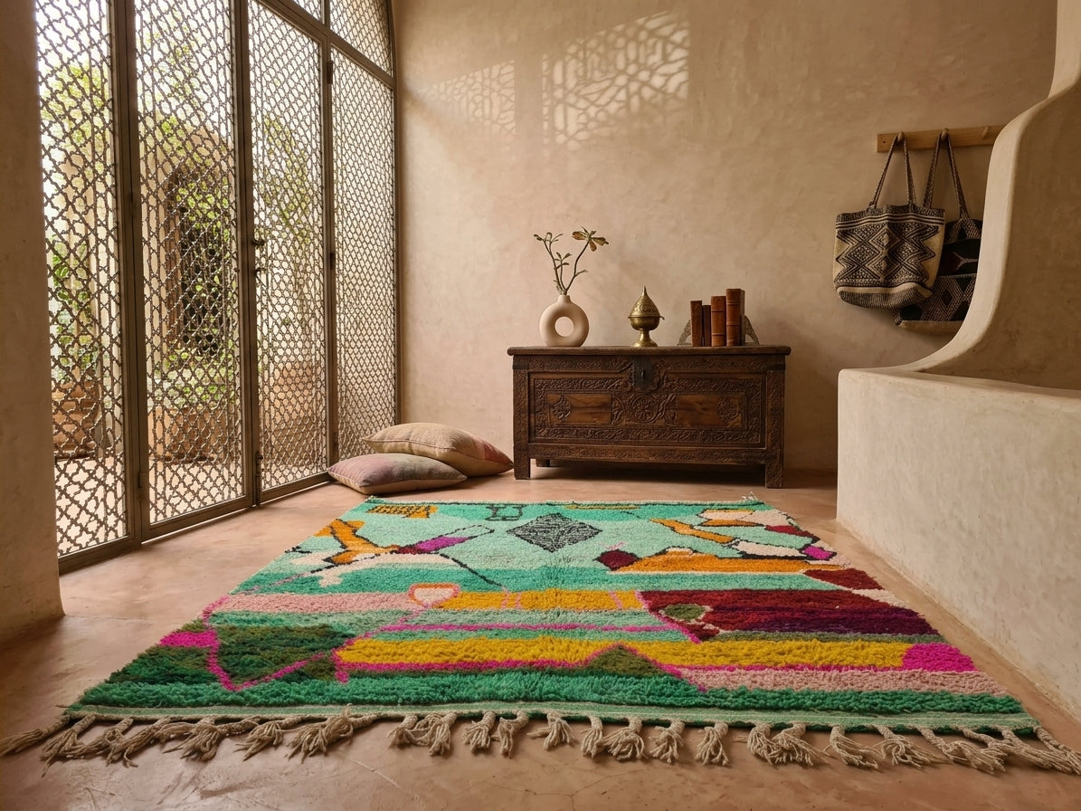 A colorful Moroccan-style area rug with geometric patterns and fringed edges, styled in a warm, sunlit room with a wooden chest, decorative items, and a stone bench.