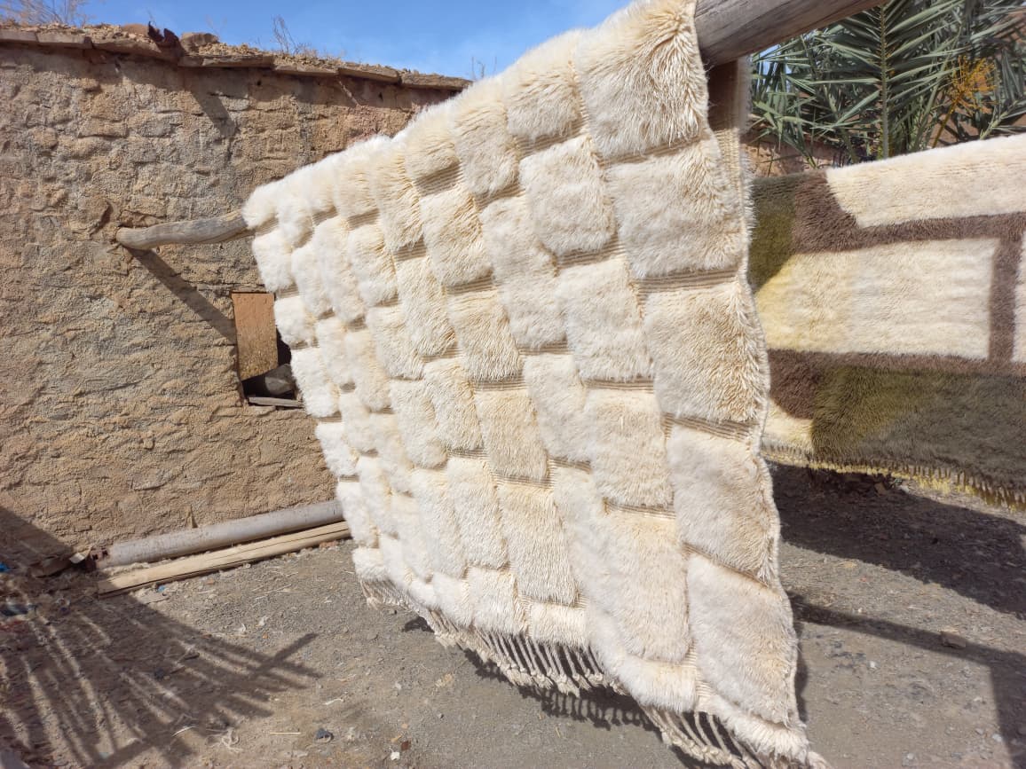 Marmoucha Sculptural Relief Grid — Hand-Knotted Ivory Wool Rug