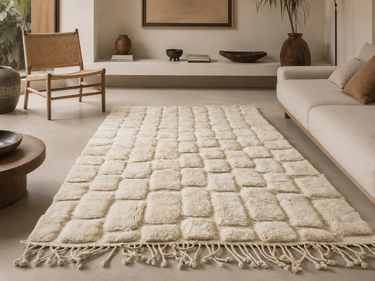 Marmoucha Sculptural Relief Grid — Hand-Knotted Ivory Wool Rug