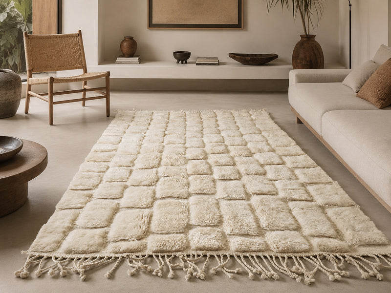 Marmoucha Sculptural Relief Grid — Hand-Knotted Ivory Wool Rug