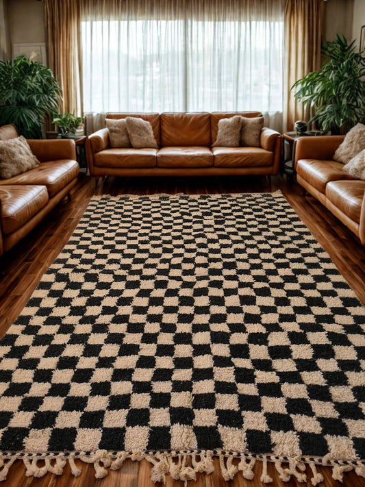 Stitched Balance – Beni Ourain Checkerboard Rug in Black & Ivory