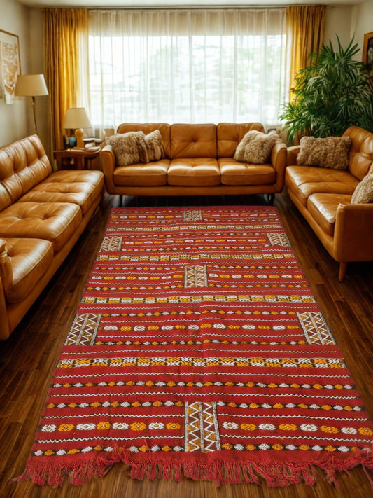 Living room with brown leather sectional sofa and a red patterned rug.