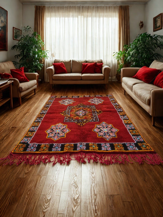 Living room with a red patterned rug, beige sofas, and red throw pillows.