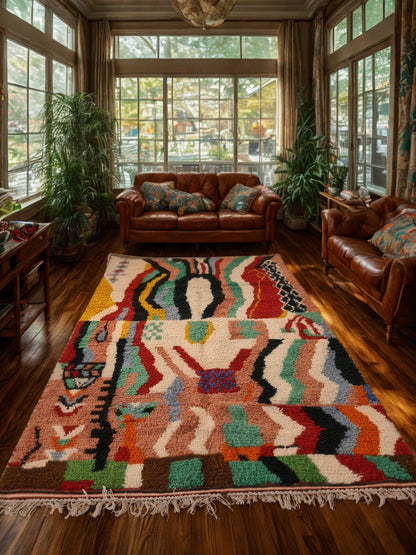Living room with a colorful patterned rug, brown leather sofa, and large windows.
