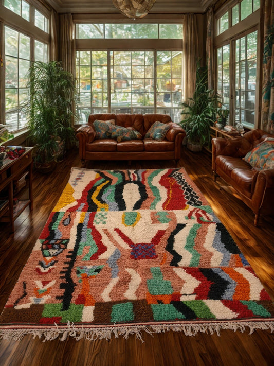 Living room with a colorful patterned rug, brown leather sofa, and large windows.