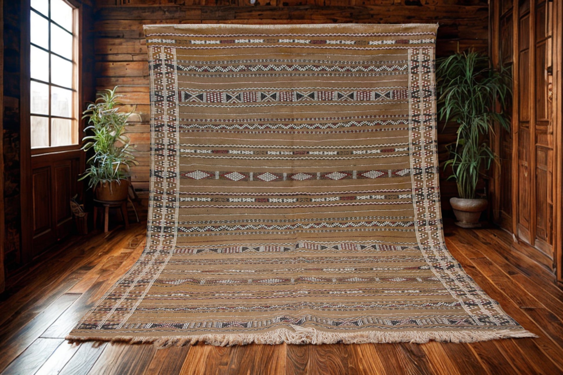Patterned rug on a wooden floor with plants and wooden walls in the background