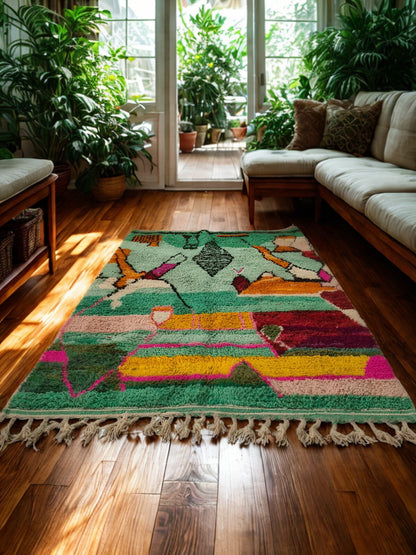 Living room with a colorful patterned rug on wooden floor, surrounded by plants.