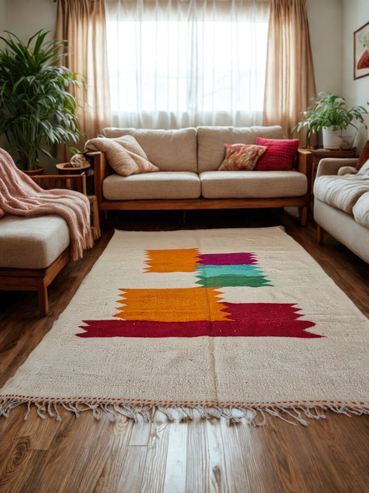 Living room with a colorful patterned rug on wooden floor