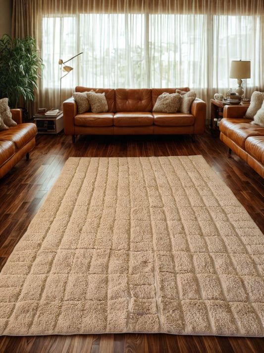 Living room with brown leather sofa, rug, and curtains