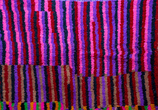 Boujaad Chromatic Rainfall — Multicolor Wool Stripes on Red Ground