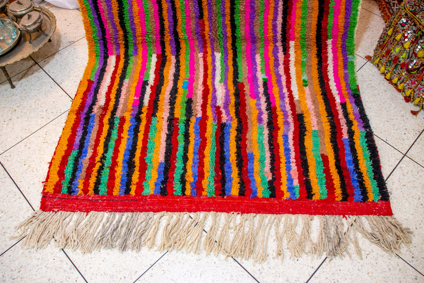 Boujaad Chromatic Rainfall — Multicolor Wool Stripes on Red Ground