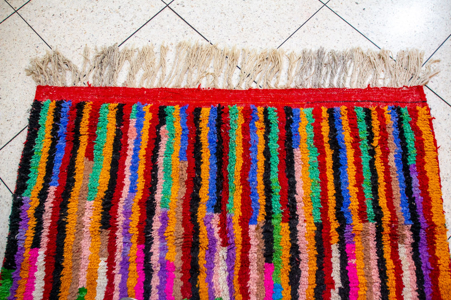 Boujaad Chromatic Rainfall — Multicolor Wool Stripes on Red Ground