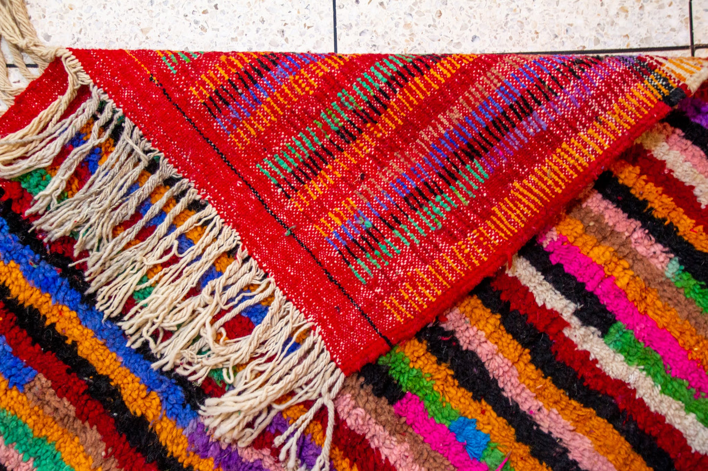Boujaad Chromatic Rainfall — Multicolor Wool Stripes on Red Ground